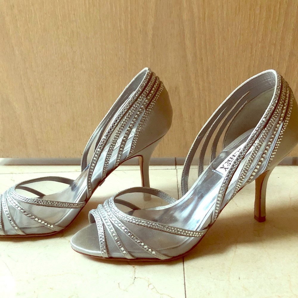 Badgley Mischka silver pumps with crystals